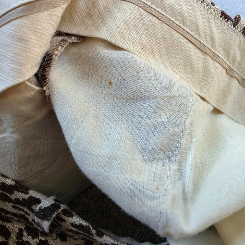 J. Crew Cafe Capri Leopard Print 100% Linen Pants Brown Tan Women Size 2